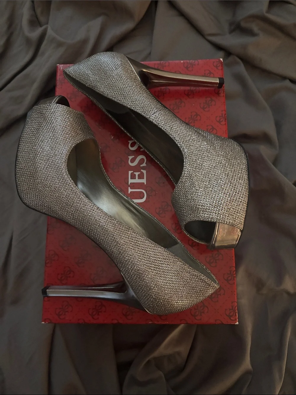 GUESS Metallic Bronze Peep-Toe Heels